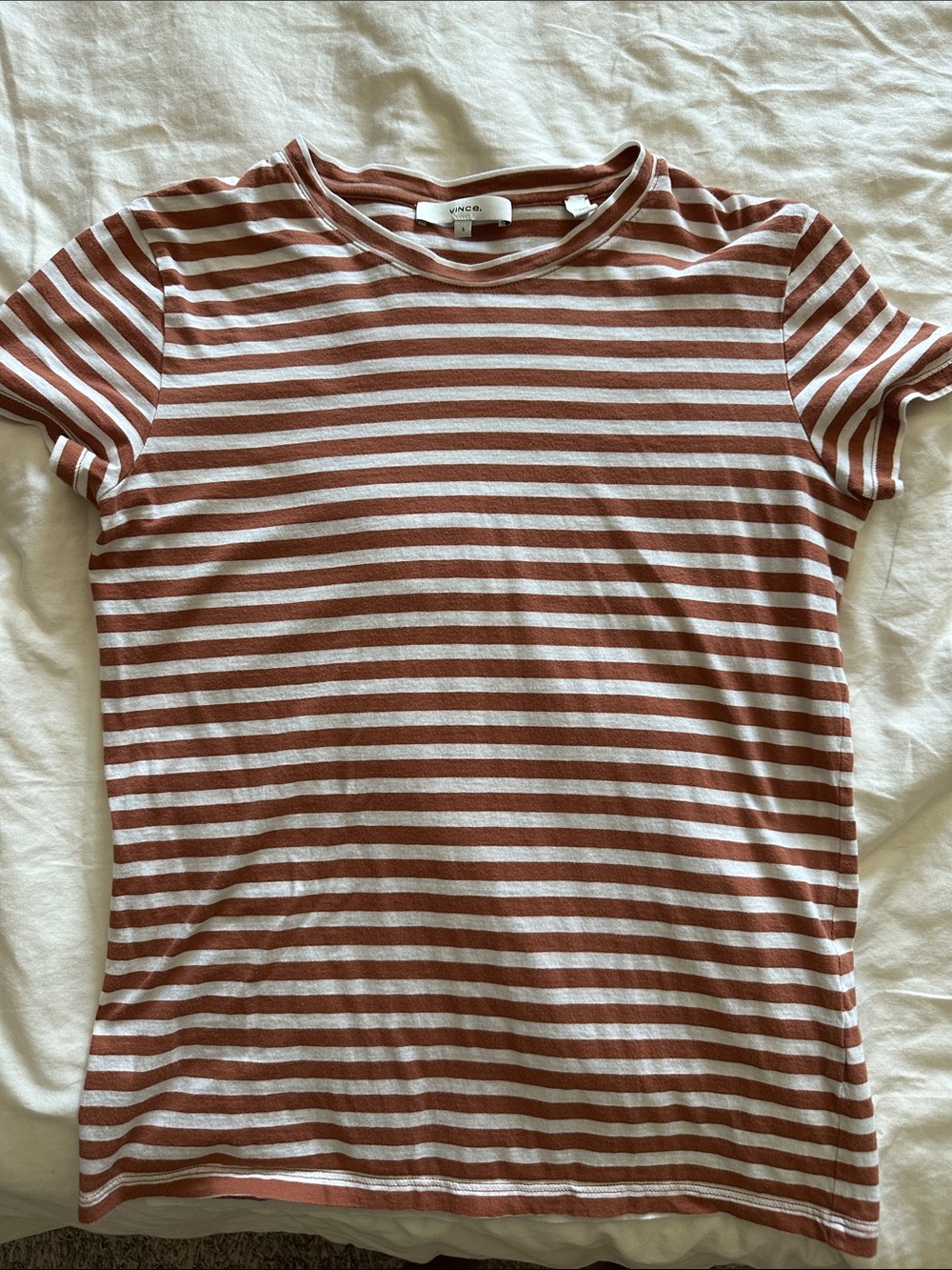 Vince Burnt Orange and White Striped Crew Tee
